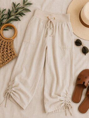 GUESS Linen Ruched Hem Crop Pants Beige XL